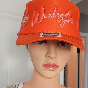 New Orange Foam/Mesh Trucker Hat with Pink Embroidery "Weekend End" Text